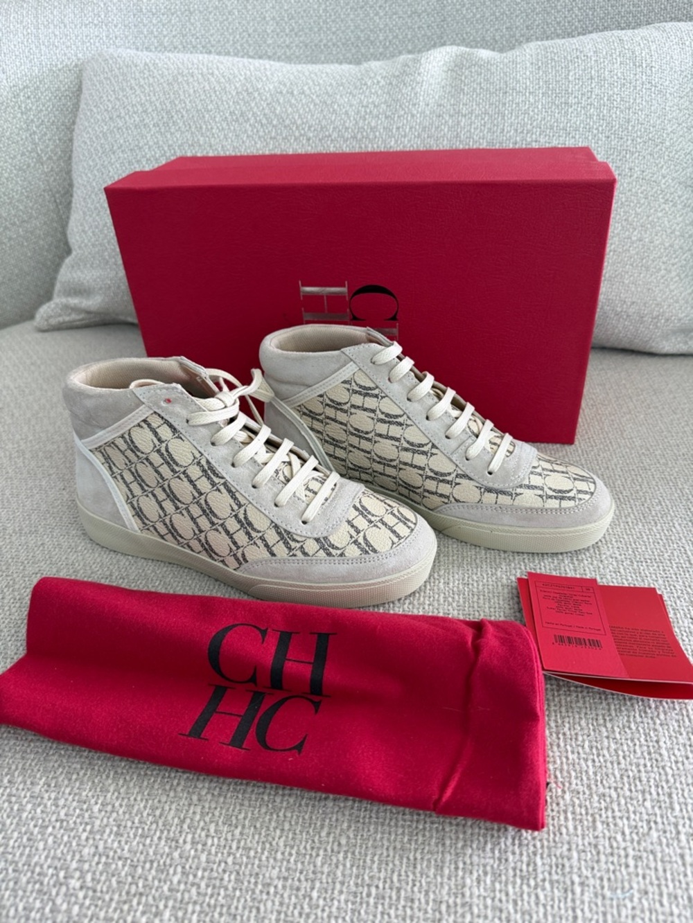 Brand New Carolina Herrera Suede/ Canvas Logo Monogram High-Top Sneakers